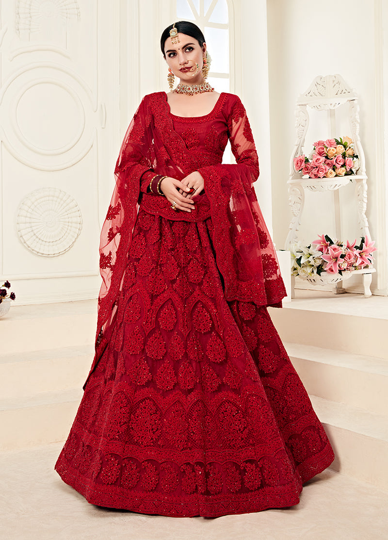 Red Colour Net Embroidery Work Bridal Lehenga Choli