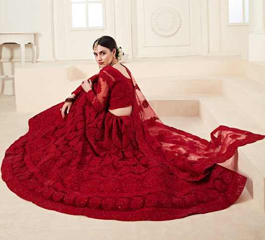 Red Colour Net Embroidery Work Bridal Lehenga Choli