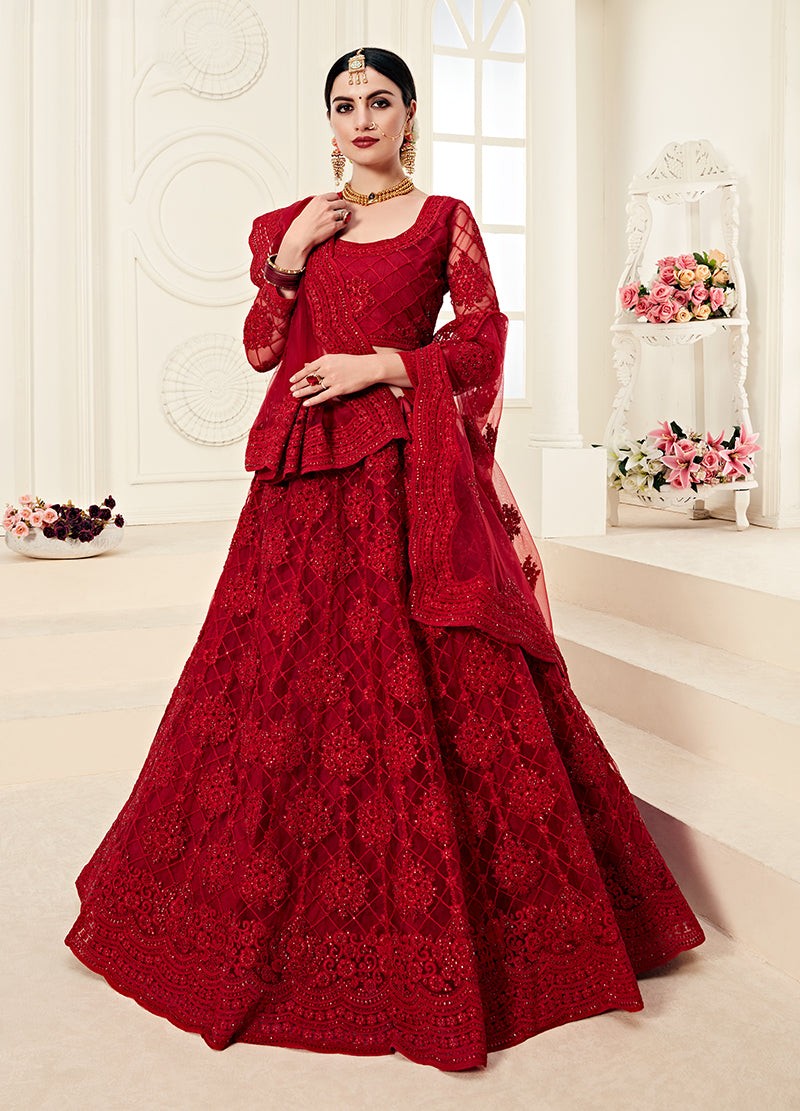 Dark Red Colour Net Embroidery Work Bridal Lehenga Choli