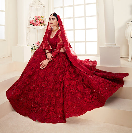 Dark Red Colour Net Embroidery Work Bridal Lehenga Choli