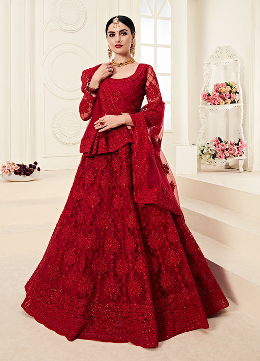 Dark Red Colour Net Embroidery Work Bridal Lehenga Choli
