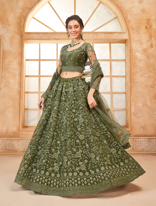 Mehendi Green Net Embroidered Designer Bridal Lehenga Choli