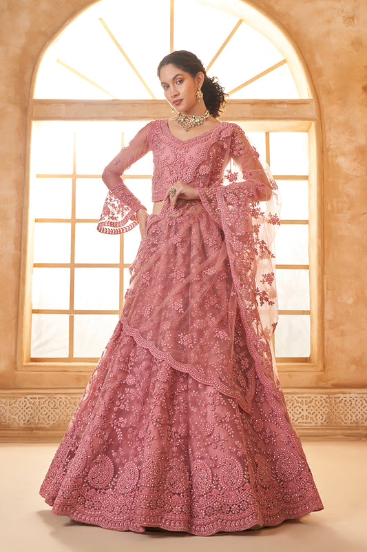 Dusty Pink Net Embroidered Designer Bridal Lehenga Choli