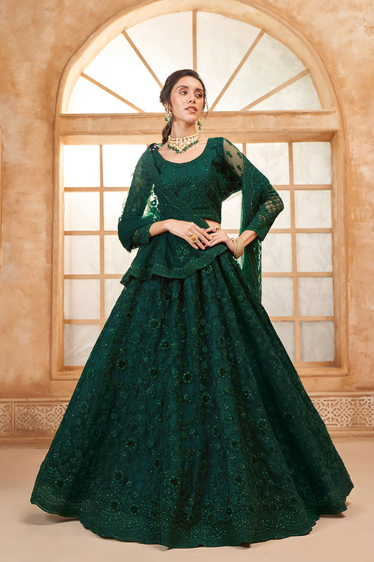 Dark Green Net Embroidered Designer Bridal Lehenga Choli