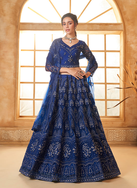 Royal Blue Net Embroidered Designer Bridal Lehenga Choli