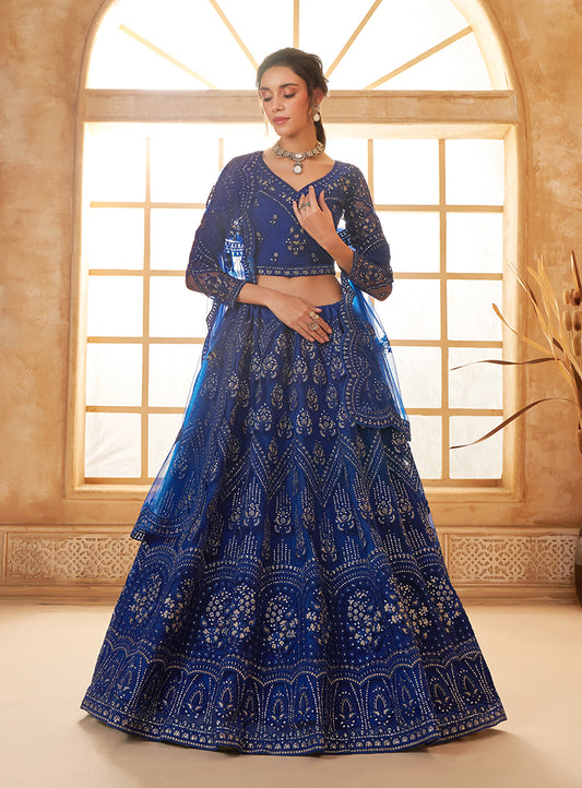 Royal Blue Net Embroidered Designer Bridal Lehenga Choli