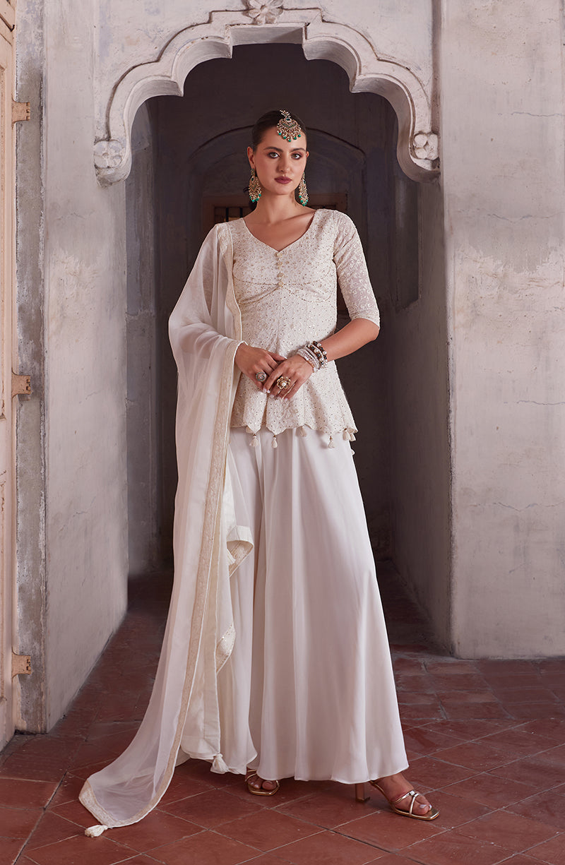 Off white Georgette Embroidered  Readymade Plazzo Salwar Kameez