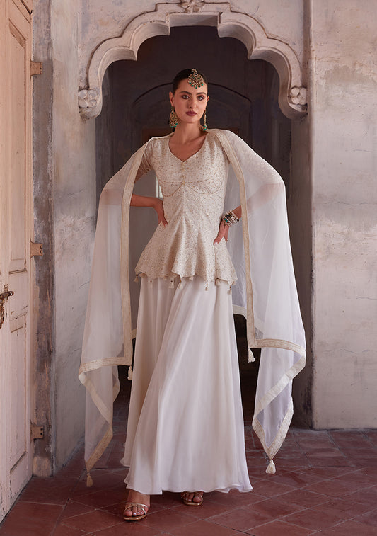 Off white Georgette Embroidered  Readymade Plazzo Salwar Kameez