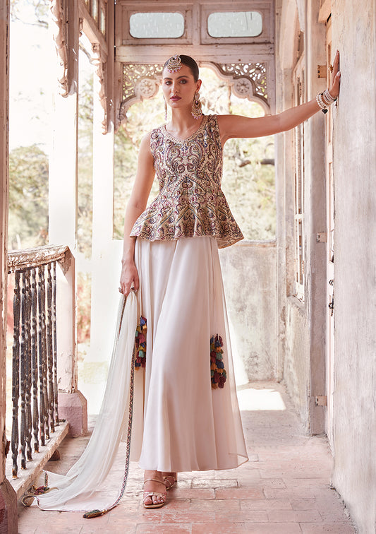 Off white Satin Embroidered  Readymade Plazzo Salwar Kameez
