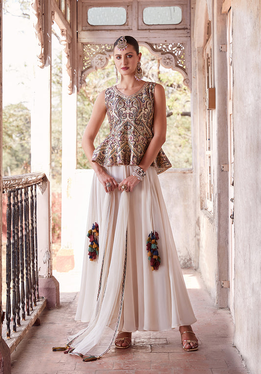 Off white Satin Embroidered  Readymade Plazzo Salwar Kameez