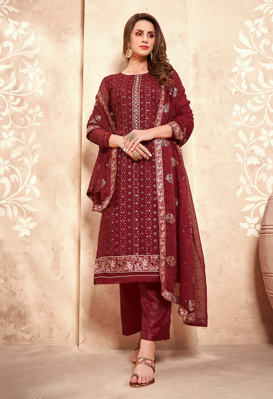 Maroon Georgette Embroidered Designer Pakistani Salwar Suit