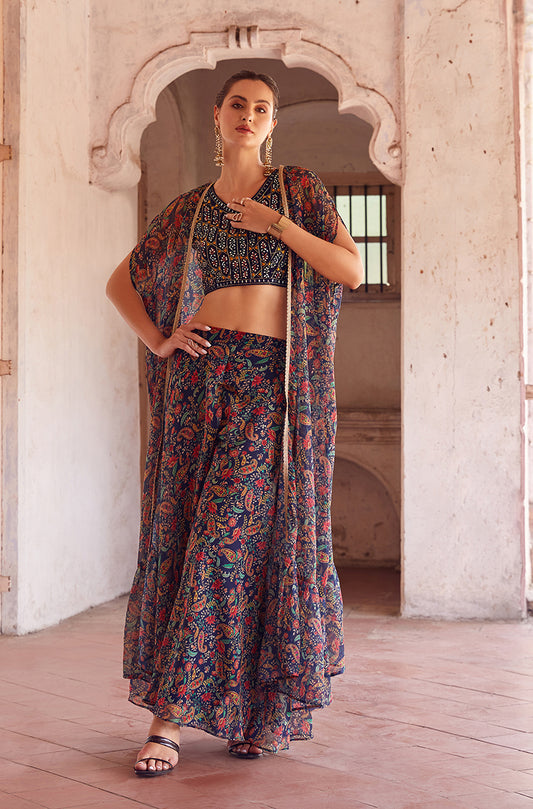 Navy Blue Georgette Embroidered Top Bottom Set With Cape