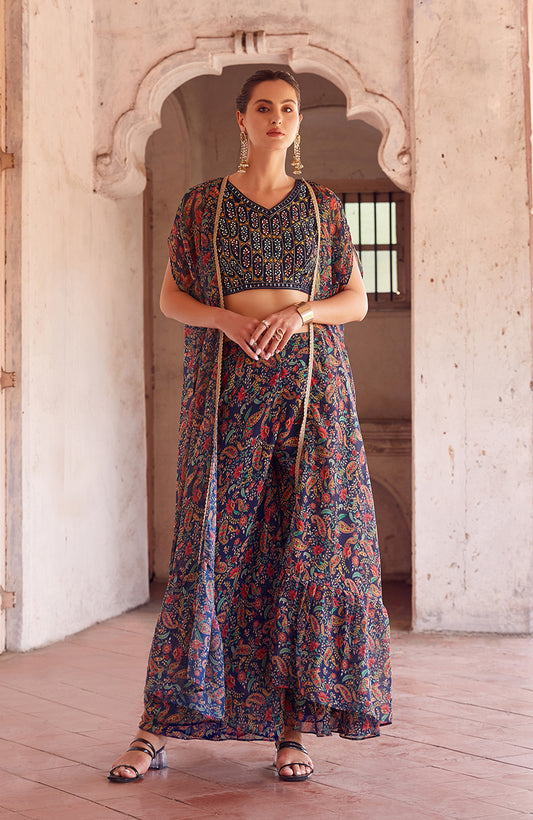 Navy Blue Georgette Embroidered Top Bottom Set With Cape