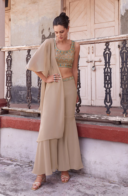 Cream Georgette Embroidered Top Bottom Set With Cape