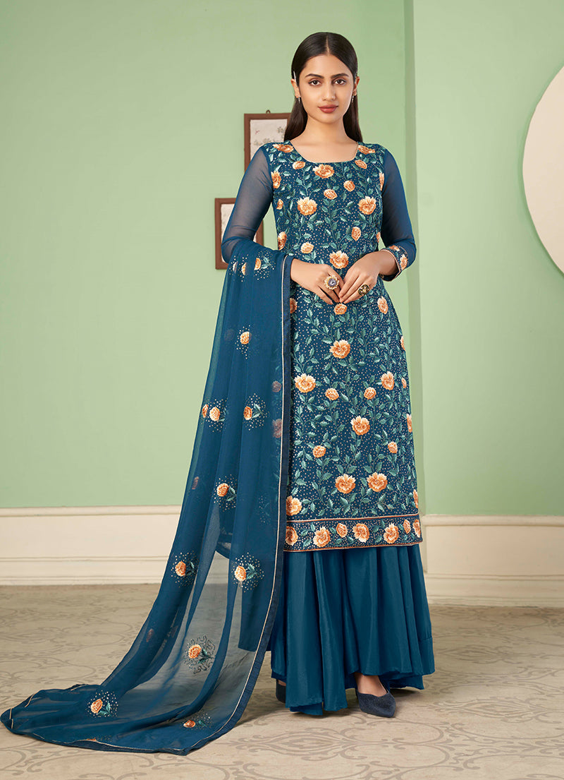 Teal Blue Georgette Embroidered Plazzo Salwar Kameez