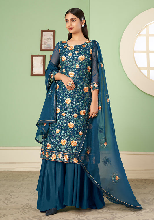 Teal Blue Georgette Embroidered Plazzo Salwar Kameez