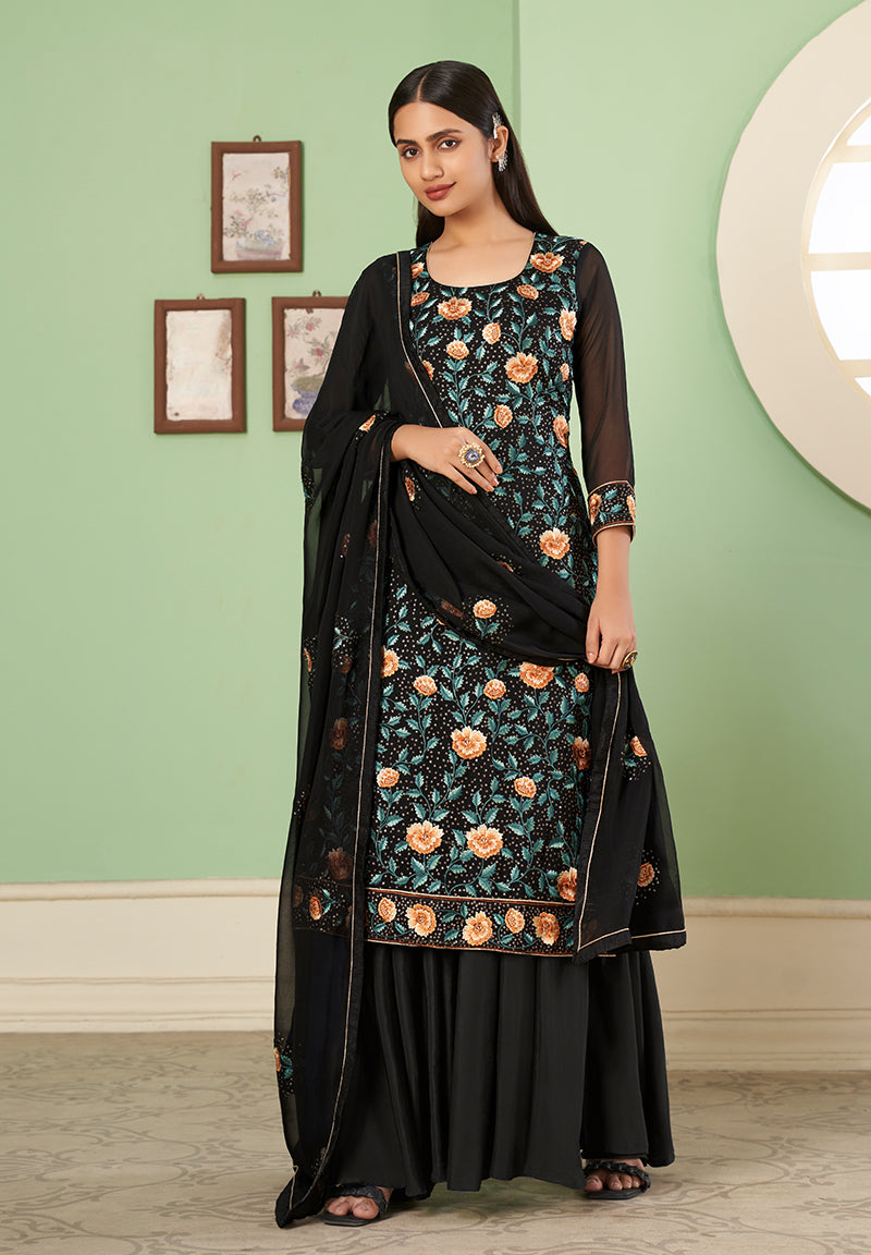 Black Georgette Embroidered Plazzo Salwar Kameez