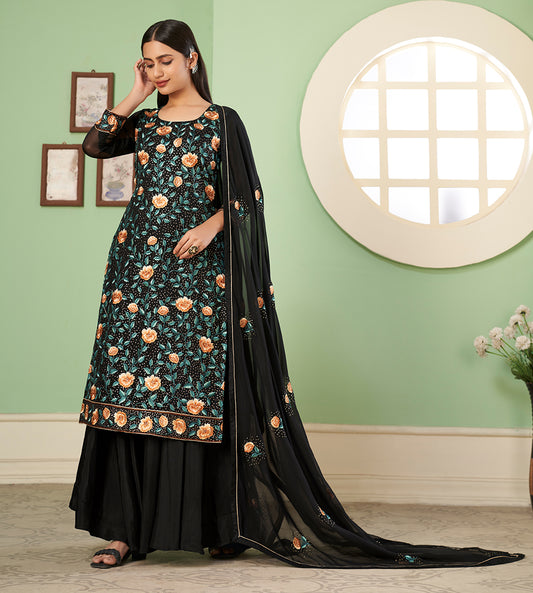 Black Georgette Embroidered Plazzo Salwar Kameez