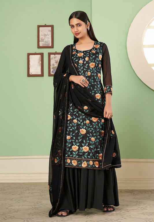 Black Georgette Embroidered Plazzo Salwar Kameez