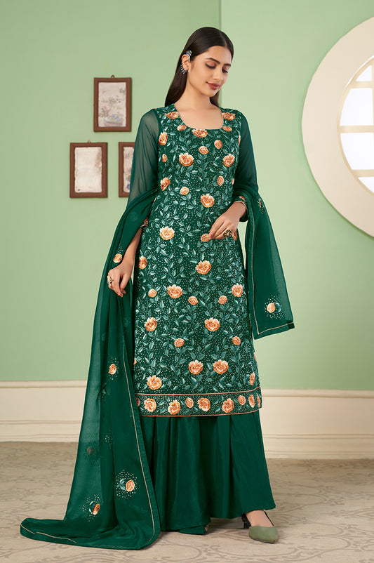 Dark Green Georgette Embroidered Plazzo Salwar Kameez
