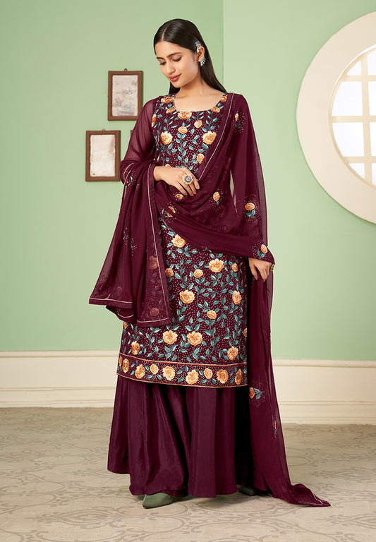 Maroon Georgette Embroidered Plazzo Salwar Kameez