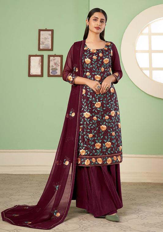 Maroon Georgette Embroidered Plazzo Salwar Kameez