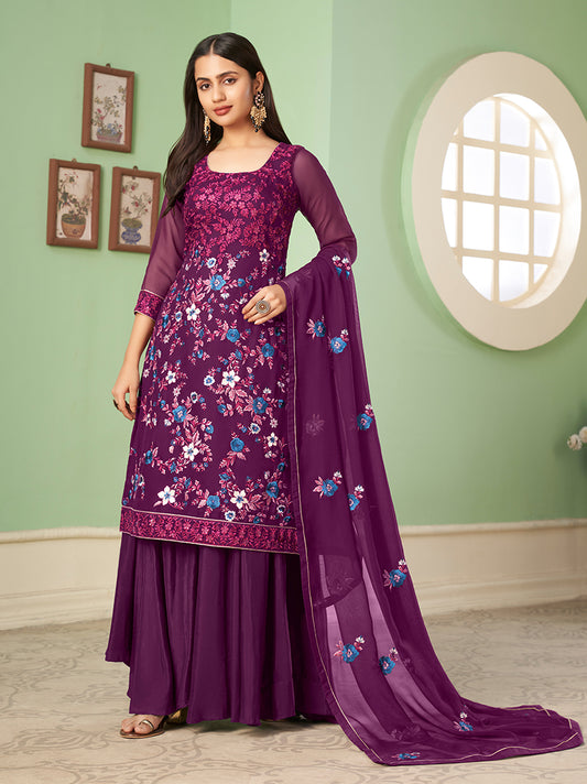 Purple Georgette Embroidered Plazzo Salwar Kameez