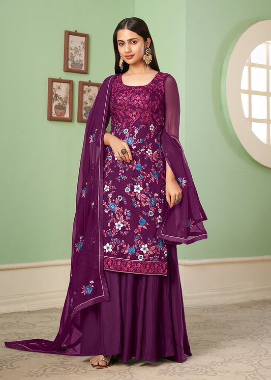 Purple Georgette Embroidered Plazzo Salwar Kameez