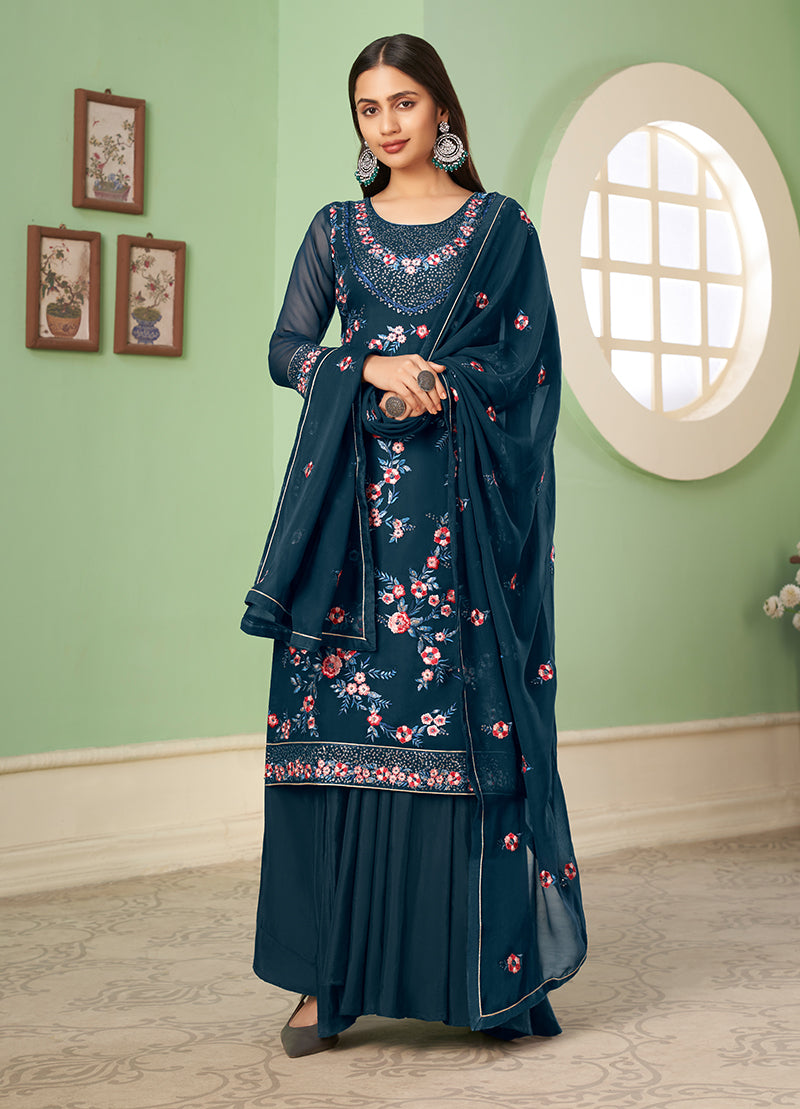 Dark Teal Georgette Embroidered Plazzo Salwar Kameez
