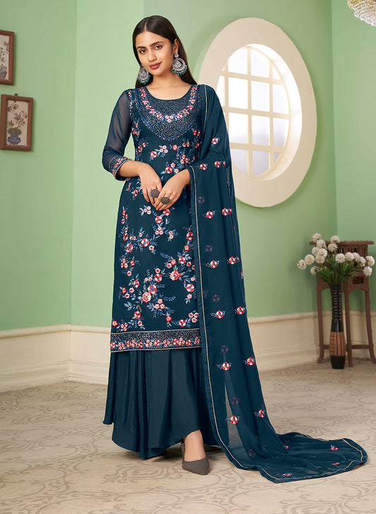 Dark Teal Georgette Embroidered Plazzo Salwar Kameez