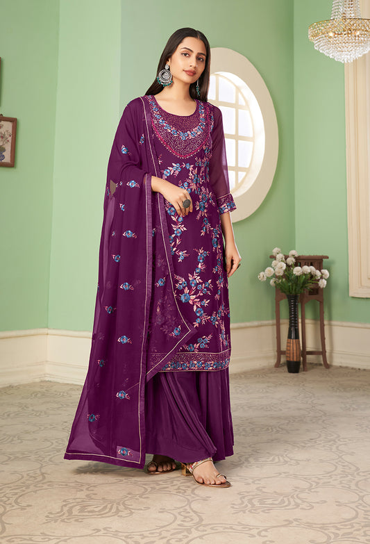 Purple Georgette Embroidered Plazzo Salwar Kameez