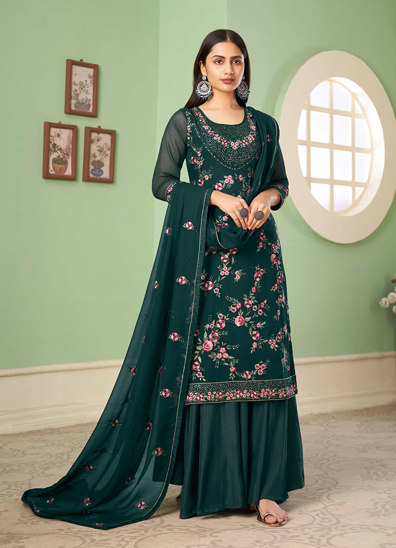 Bottle Green Georgette Embroidered Plazzo Salwar Kameez