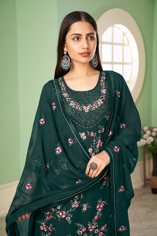 Bottle Green Georgette Embroidered Plazzo Salwar Kameez