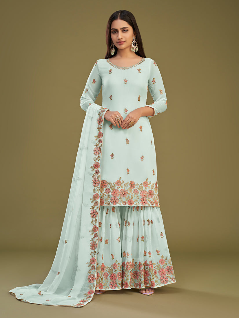 Light Blue Georgette Thread Work Gharara Suit Set