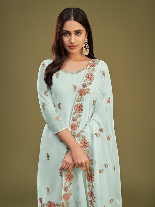 Light Blue Georgette Thread Work Gharara Suit Set