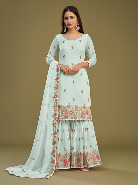 Light Blue Georgette Thread Work Gharara Suit Set