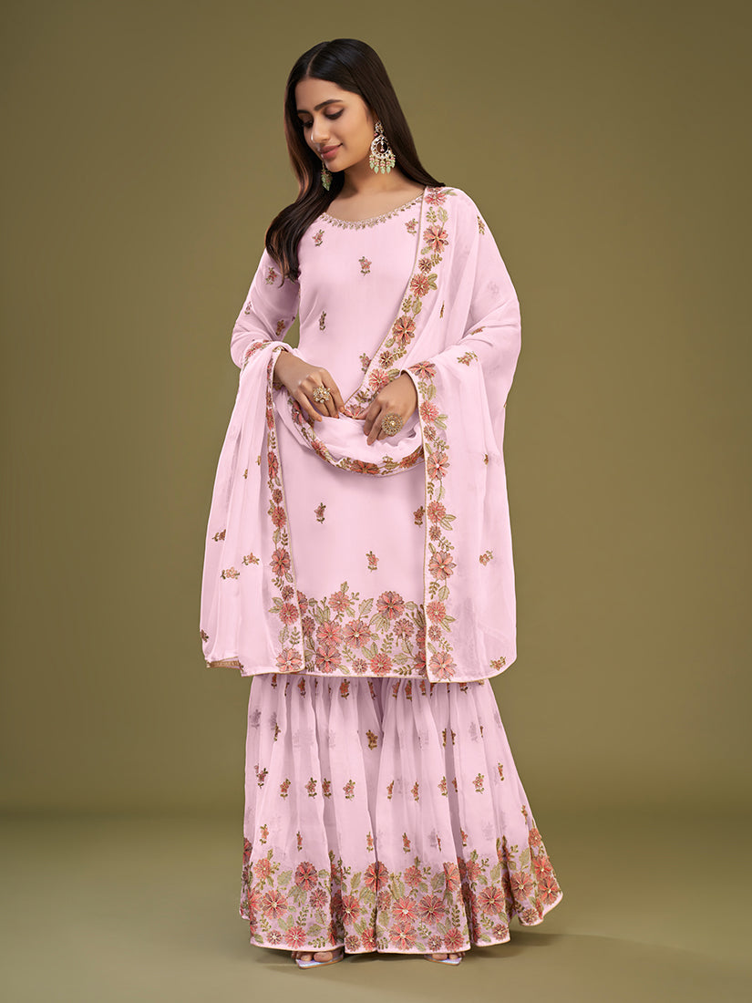 Light Pink Georgette Thread Work Gharara Suit Set