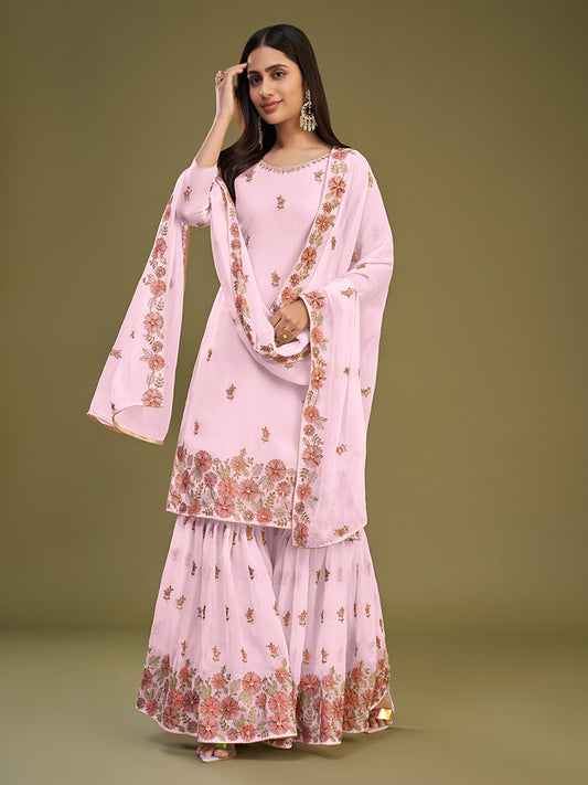 Light Pink Georgette Thread Work Gharara Suit Set