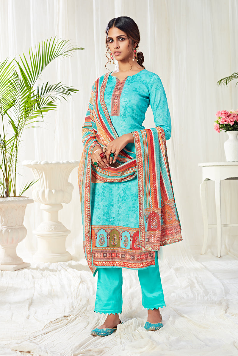 Aqua Blue Cotton Digital Printed Pant Salwar Suit