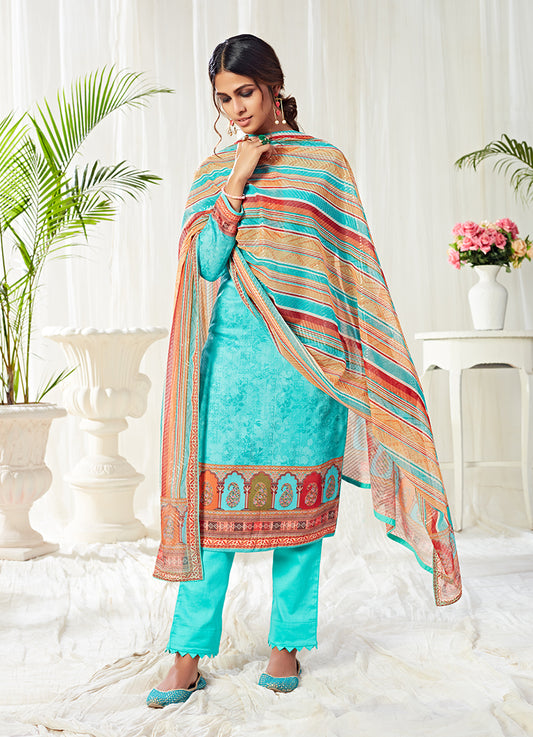 Aqua Blue Cotton Digital Printed Pant Salwar Suit