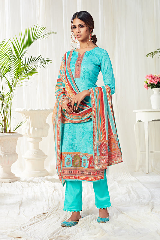 Aqua Blue Cotton Digital Printed Pant Salwar Suit