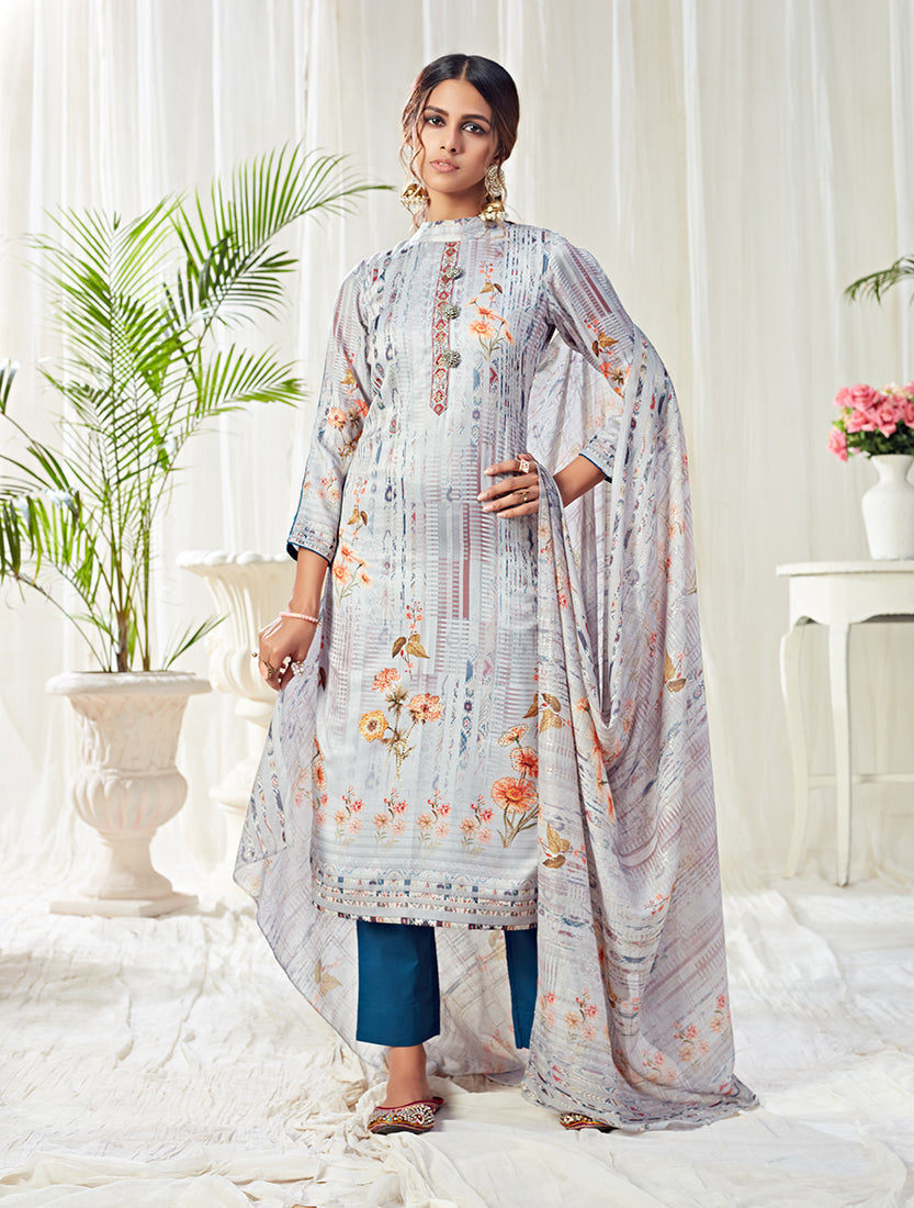 Light Grey Cotton Digital Printed Pant Salwar Suit