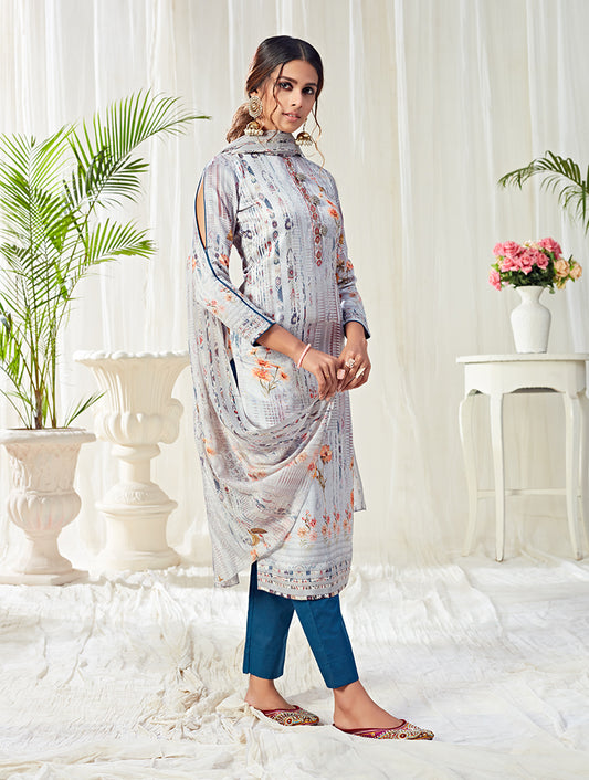 Light Grey Cotton Digital Printed Pant Salwar Suit