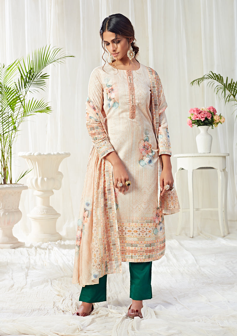 Cream Cotton Straight Cut Digital Printed Pant Salwar Suit