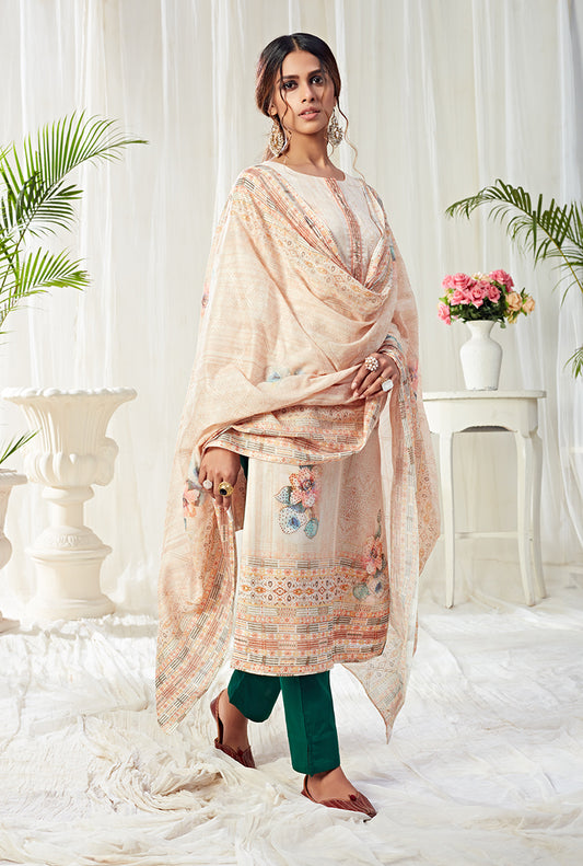 Cream Cotton Straight Cut Digital Printed Pant Salwar Suit