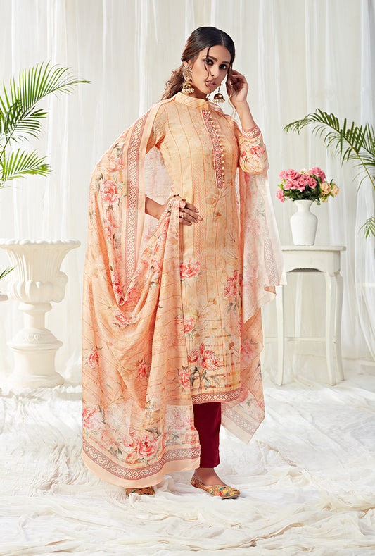 Light Peach Cotton Straight Cut Digital Printed Pant Salwar Suit