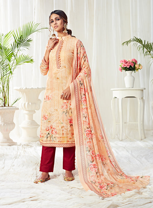 Light Peach Cotton Straight Cut Digital Printed Pant Salwar Suit