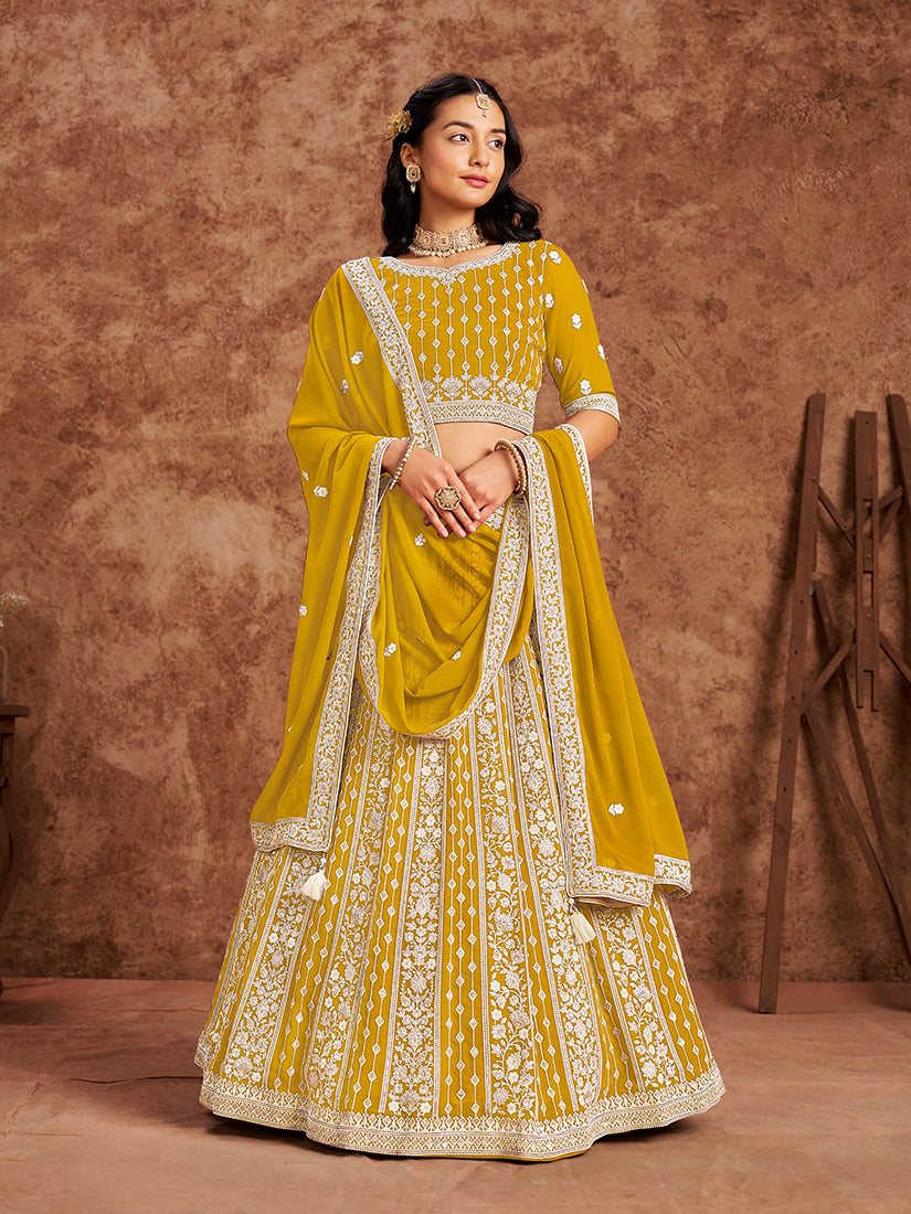 Yellow Georgette Thread & Sequinse Embroidered Trendy Lehenga Choli