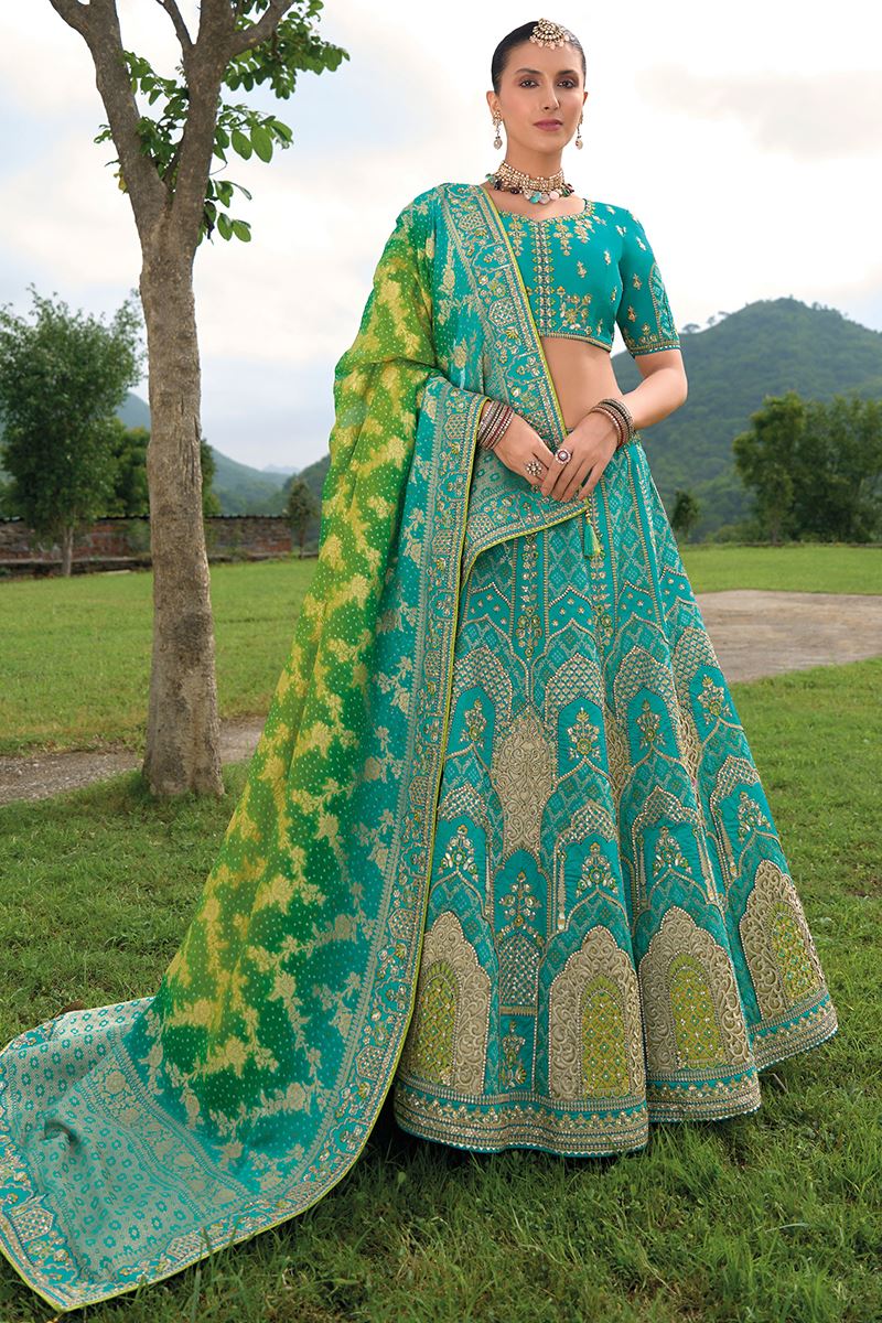 Turquoise Heavy Silk With Khatli Embroidered Heavy Work Bridal Wear Lehenga Choli