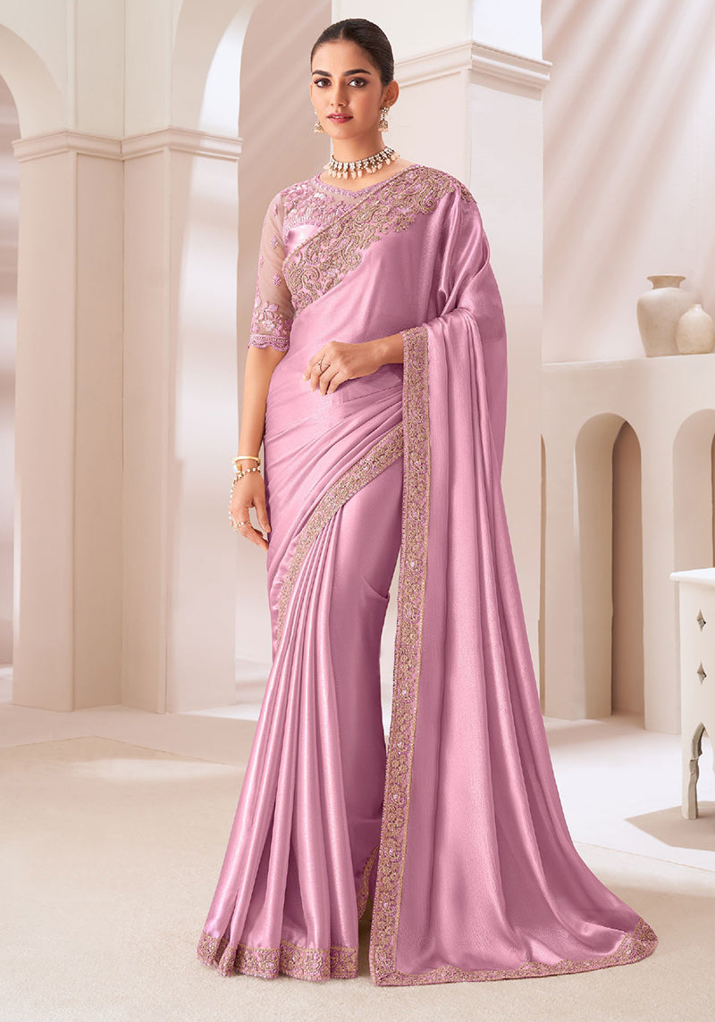 Pink Chiffon Satin Embroidered Saree